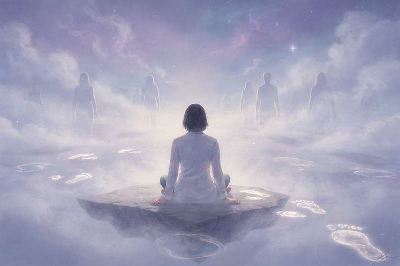 Silueta oscura y etérea flotando en una habitación envuelta en neblina, representando la presencia espiritual de entidades...