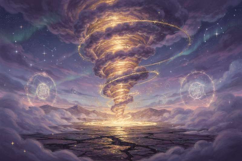 Fuerte tormenta con viento destructivo que gira formando un embudo en el cielo oscuro.
