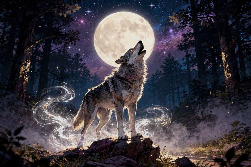 Lobo salvaje aullando bajo la luz de la luna llena en medio del bosque oscuro.
