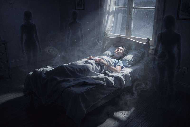Persona despierta en la cama durante la noche experimentando sensación de inmovilidad e incapacidad de movimiento.