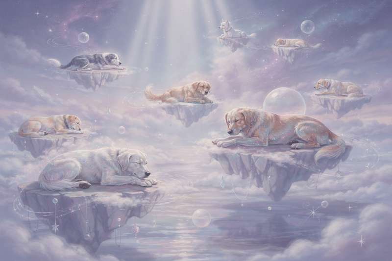 Perro amistoso en un entorno onírico que simboliza lealtad y protección espiritual en los sueños.
