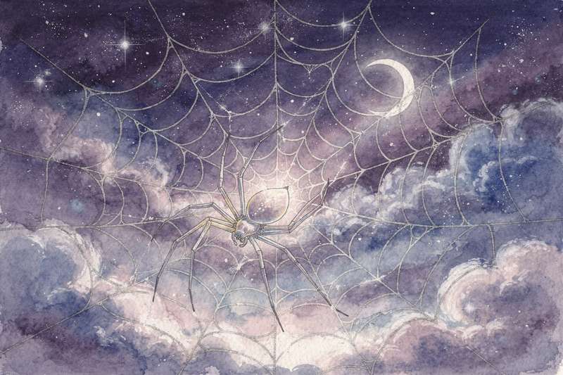 Araña tejiendo su tela en la oscuridad simbolizando misterio y transformación personal.