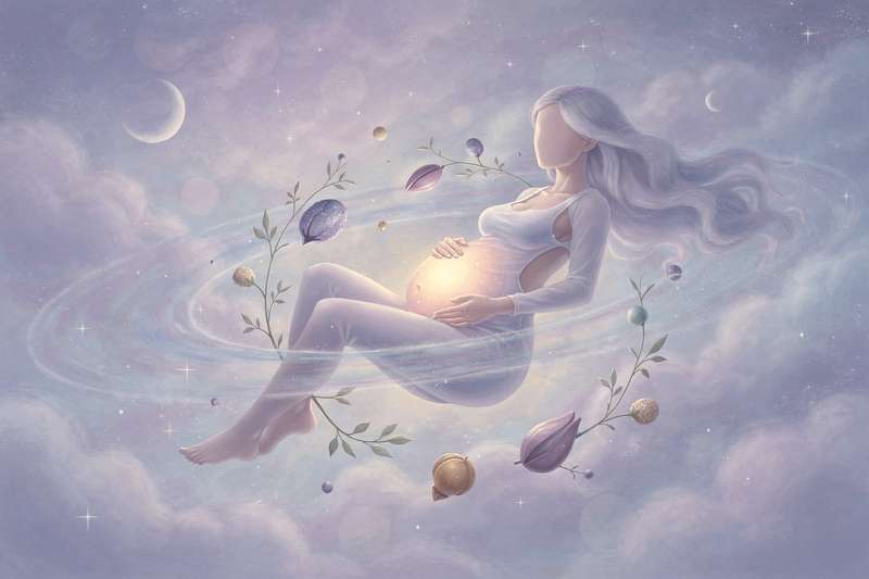 Mujer embarazada con luz dorada simbolizando transformación espiritual y renovación interior en el significado de sueños.