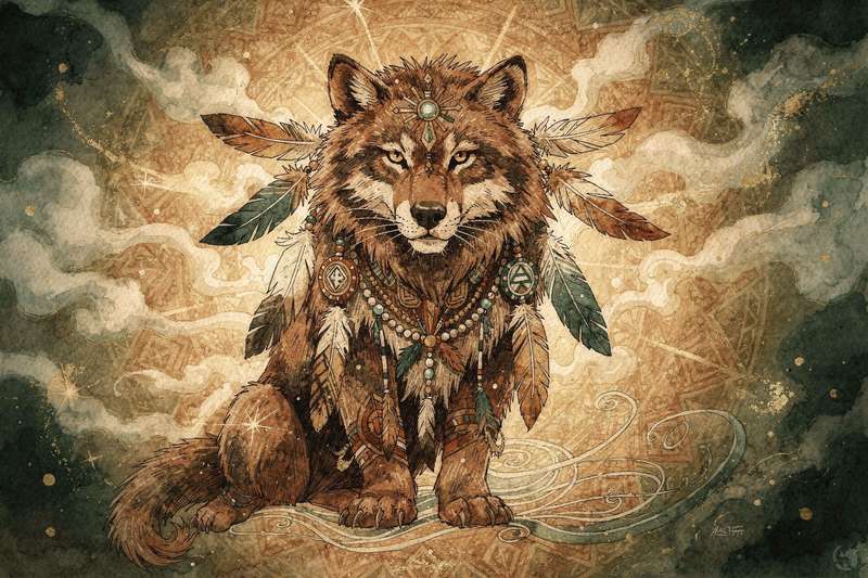Lobo gris caminando entre niebla en bosque oscuro, representando la conexión espiritual con guías internas.