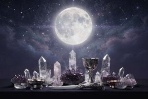 Diversas plantas aromáticas y medicinales dispuestas sobre una superficie oscura bajo la luz de la luna llena.