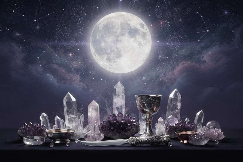 Diversas plantas aromáticas y medicinales dispuestas sobre una superficie oscura bajo la luz de la luna llena.