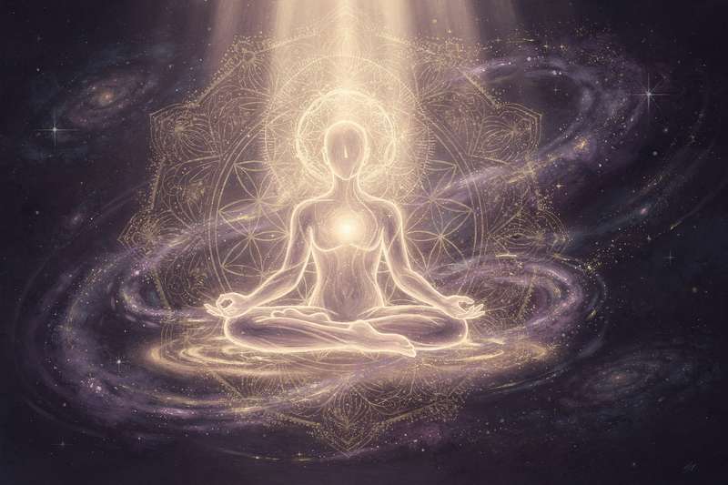 Persona meditando en la naturaleza contemplando su conexión espiritual y evolución a través de múltiples vidas.