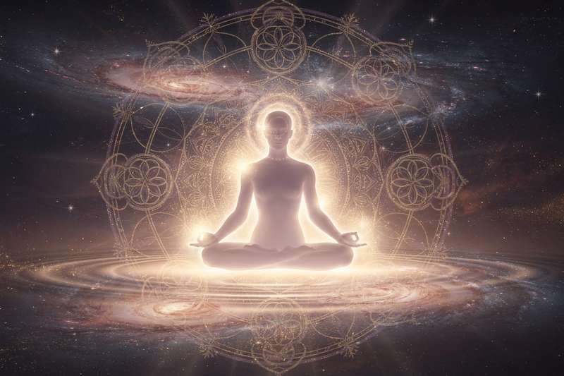 Persona meditando bajo luz dorada mientras libera energía negra del cuerpo hacia la luz.