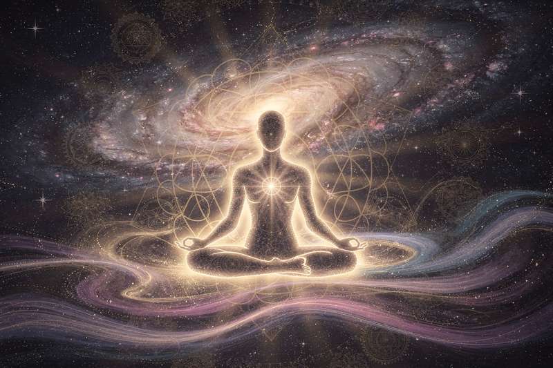 Persona en meditación profunda liberando tensiones y abriendo su corazón hacia la aceptación del presente.