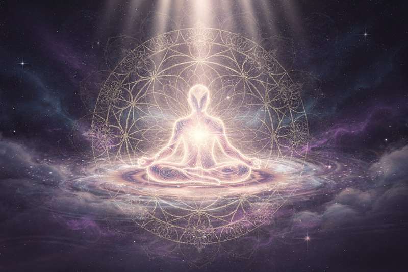 Persona meditando en postura de loto rodeada de luz dorada que representa el valor interior y la conexión espiritual.
