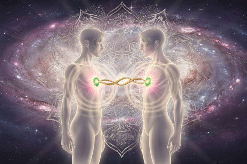 Dos siluetas de personas enfrentadas con auras de luz en tonos azul y naranja, representando la conexión compleja entre almas...