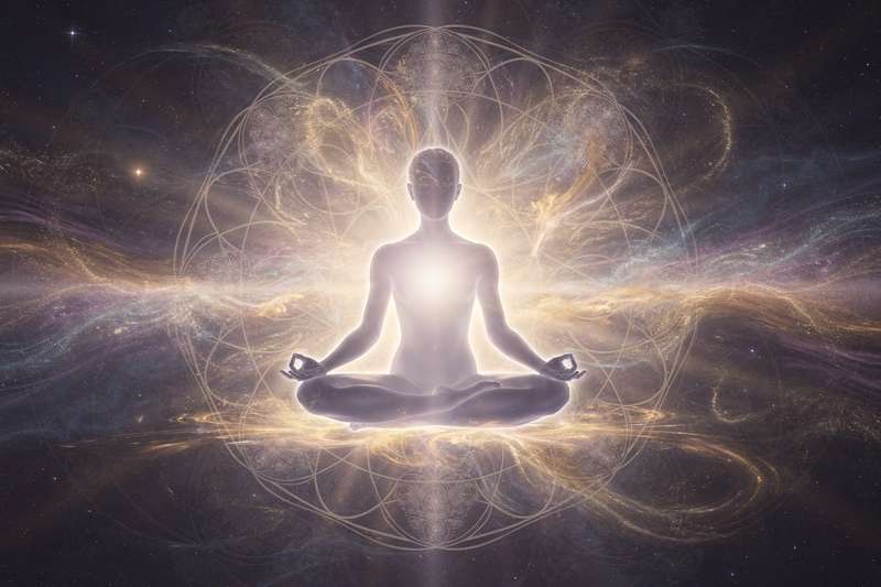 Persona meditando en un espacio sereno que experimenta percepciones más allá del tiempo y espacio.