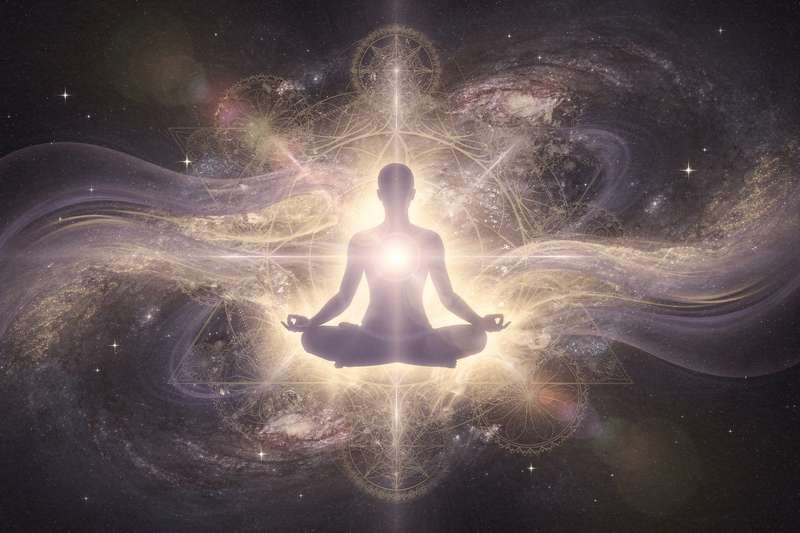 Mujer meditando en un entorno tranquilo mientras experimenta una conexión espiritual profunda con su intuición y capacidades...