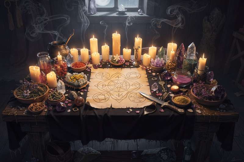 Mujer realizando un ritual nocturno junto a un seto frondoso para comunicarse con entidades espirituales.