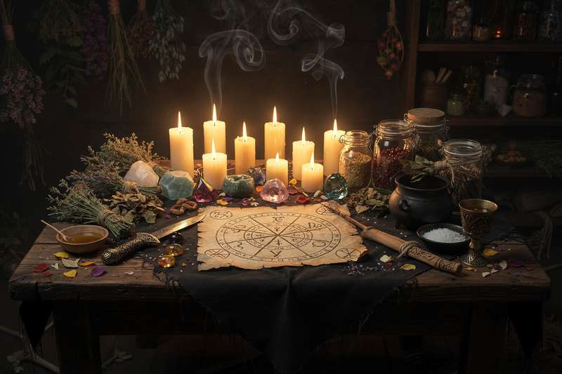 Mujer preparando ingredientes naturales y hierbas en un altar personal decorado con velas y cristales.