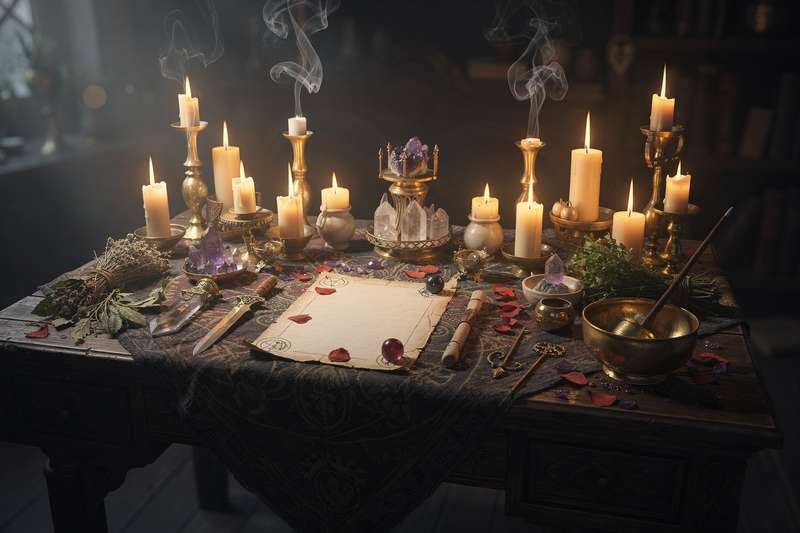 Mujer realizando un ritual de brujería en soledad con velas encendidas y hierbas sobre su altar personal.