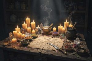 Mujer con rasgos místicos rodeada de símbolos esotéricos que representan su linaje familiar en la práctica de la brujería...