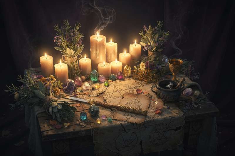 Cristales de cuarzo y amatista dispuestos en círculo sobre tela negra para rituales de magia gemológica.