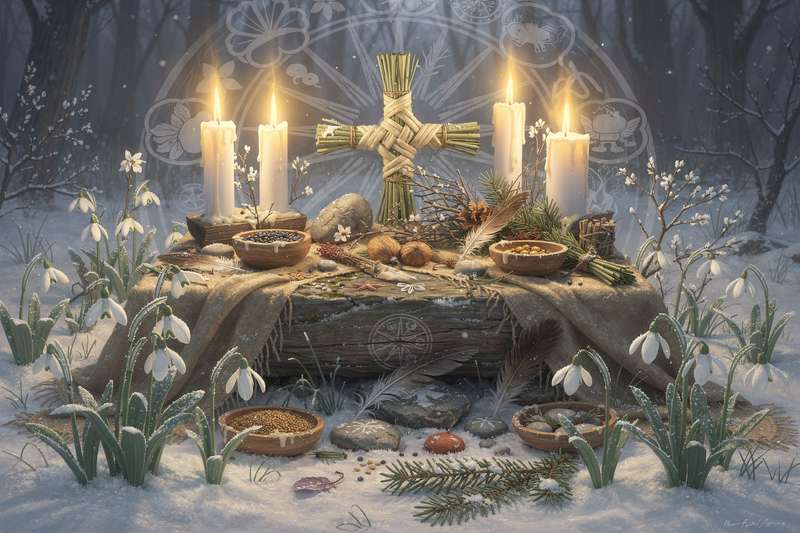 Vela encendida junto a flores blancas y símbolos celtas para honrar a la diosa Brigid en las celebraciones de Imbolc.