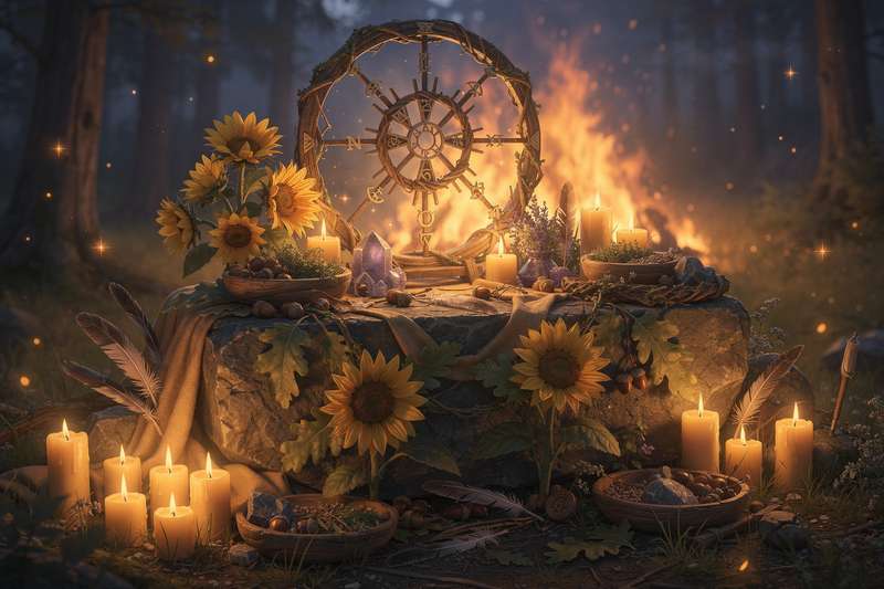 Rituales y velas encendidas durante la celebración del solsticio de verano en la tradición wicca.