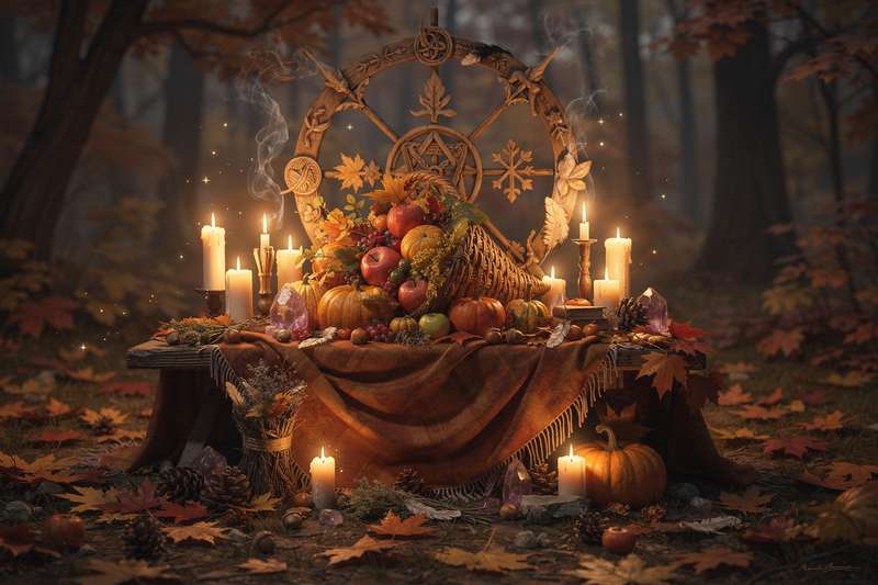 Altar decorado con velas, hojas secas de otoño, manzanas y símbolos celtas para celebrar Mabon.