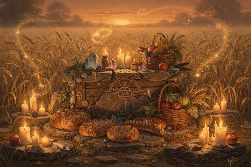 Altar decorado con espigas de trigo, velas doradas y flores de temporada para celebrar la festividad de Lughnasadh.
