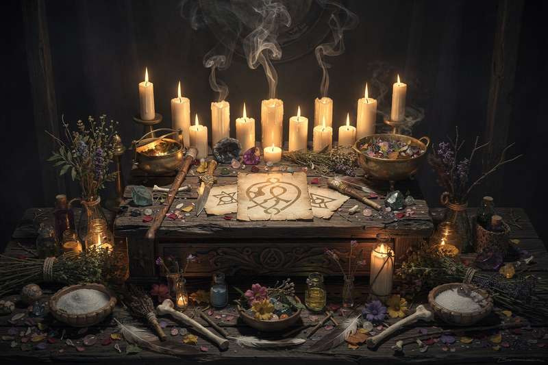 Rueda cromática con símbolos y correspondencias esotéricas para rituales y hechizos de brujería.