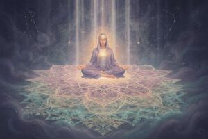 Persona con los ojos cerrados en meditación profunda, desarrollando sus capacidades intuitivas y perceptivas.