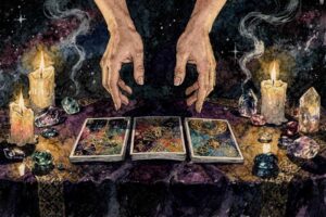 Alt-text: Cartas de tarot extendidas sobre tela negra mostrando el proceso de una lectura profesional y estructurada.