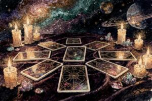 Cartas de tarot dispuestas sobre una mesa para consulta de decisiones empresariales y planificación estratégica.