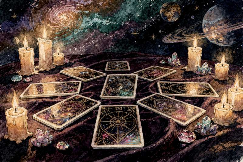 Cartas de tarot dispuestas sobre una mesa para consulta de decisiones empresariales y planificación estratégica.