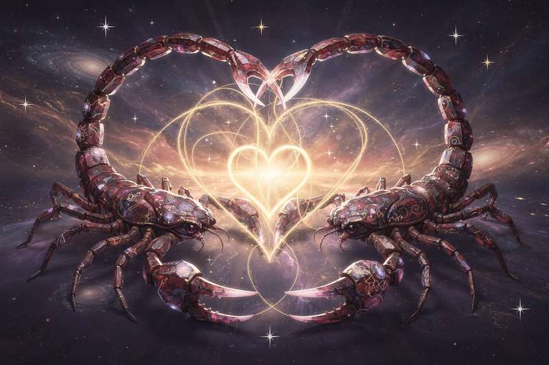 Pareja de signos zodiacales Escorpio compartiendo una conexión intensa y apasionada basada en la afinidad astral.