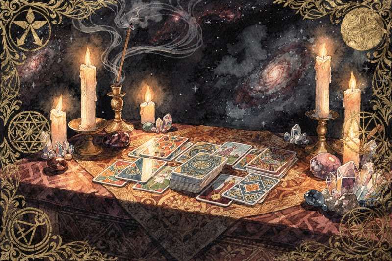 Mazo de tarot abierto sobre una superficie con velas encendidas durante una consulta personal de autoconocimiento.