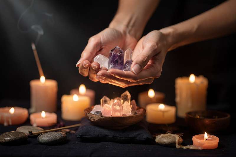 Piedras y minerales dispuestos sobre tela oscura para facilitar experiencias de viaje astral y meditación profunda.