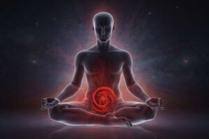 Piedras y cristales de tonos rojos dispuestos en círculo sobre una tela negra para representar la energía del primer chakra.