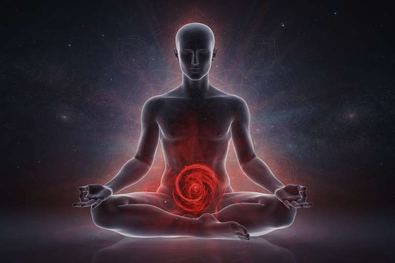 Piedras y cristales de tonos rojos dispuestos en círculo sobre una tela negra para representar la energía del primer chakra.