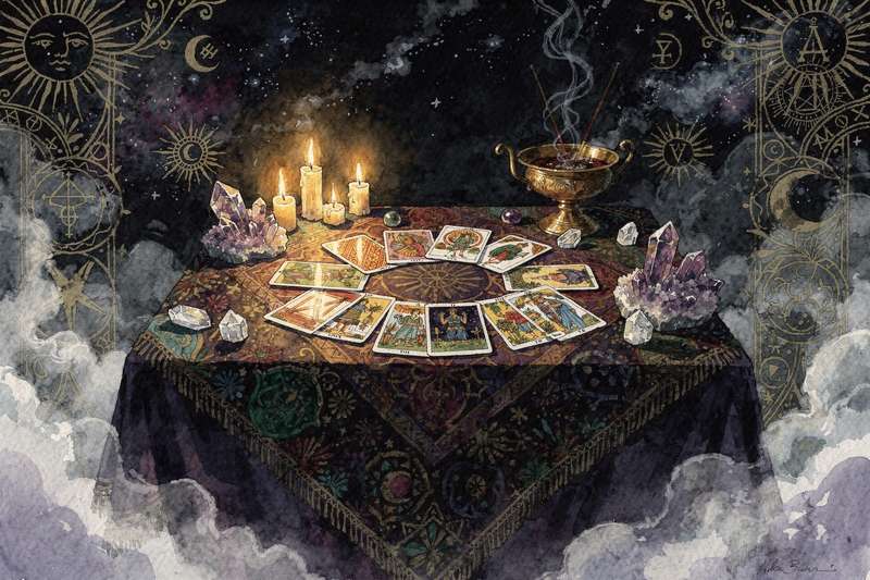 Cartas del tarot dispuestas en una tirada semanal revelando los mensajes del mes de julio.