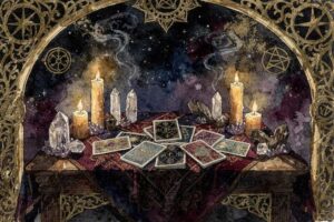 Mazo completo de cartas del tarot dispuestas mostrando sus símbolos y arcanos para consulta e interpretación esotérica.