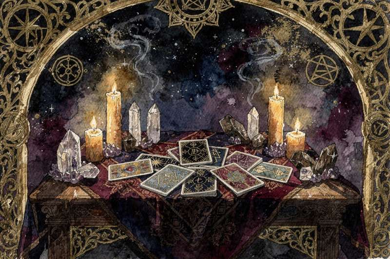 Mazo completo de cartas del tarot dispuestas mostrando sus símbolos y arcanos para consulta e interpretación esotérica.