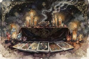 Diez cartas de tarot dispuestas en una tirada que representan símbolos de progreso, victoria y realización de objetivos...