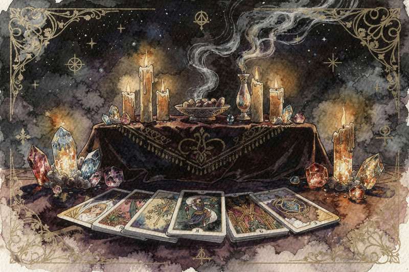 Diez cartas de tarot dispuestas en una tirada que representan símbolos de progreso, victoria y realización de objetivos...