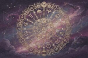 Rueda zodiacal con constelaciones y posiciones planetarias que representan los ciclos cósmicos del año astrológico.