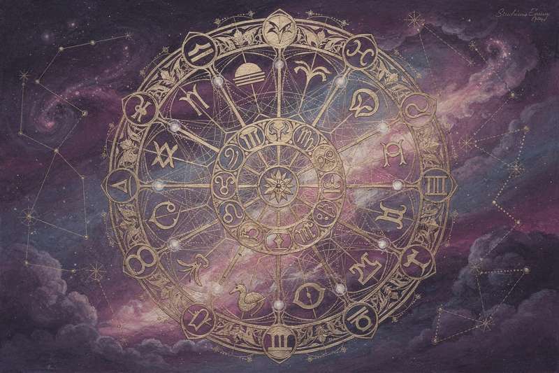 Rueda zodiacal con constelaciones y posiciones planetarias que representan los ciclos cósmicos del año astrológico.