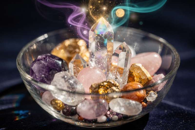 Recipiente decorativo lleno de diferentes cristales y piedras semipreciosas colocadas con intención para rituales de...