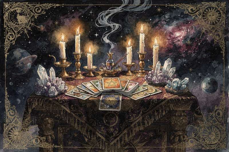 Baraja de tarot extendida sobre una mesa para realizar una lectura de las predicciones mensuales.