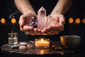 Piedras y minerales brillantes dispuestos en círculo para facilitar la comunicación espiritual con entidades celestiales.