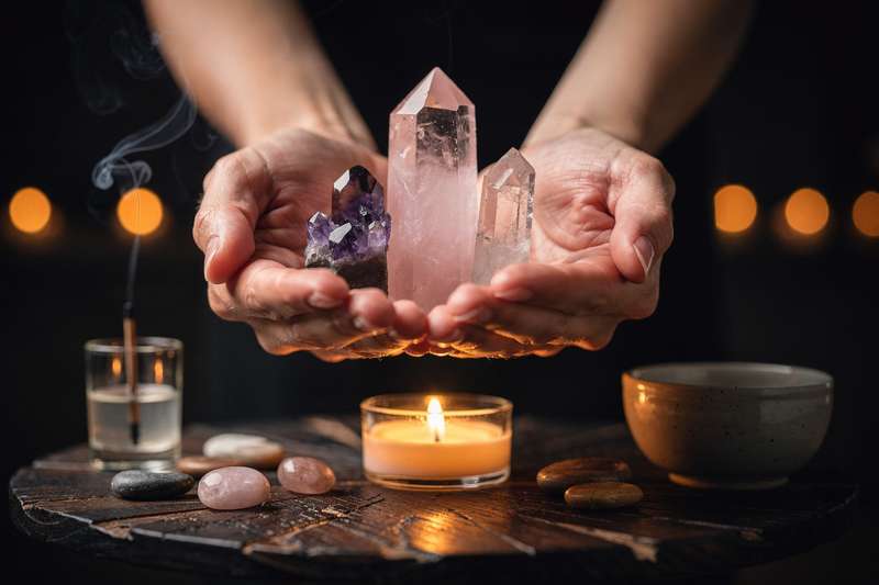 Piedras y minerales brillantes dispuestos en círculo para facilitar la comunicación espiritual con entidades celestiales.