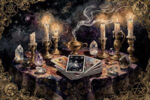 Baraja de tarot sobre una mesa con velas aromáticas rodeando las cartas dispuestas en patrón de lectura amorosa.
