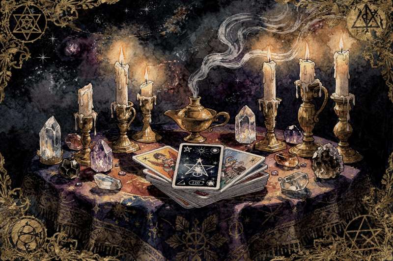 Baraja de tarot sobre una mesa con velas aromáticas rodeando las cartas dispuestas en patrón de lectura amorosa.