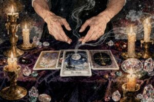 Mazo de tarot desplegado sobre una mesa de madera junto a notas de negocio y estrategia empresarial.